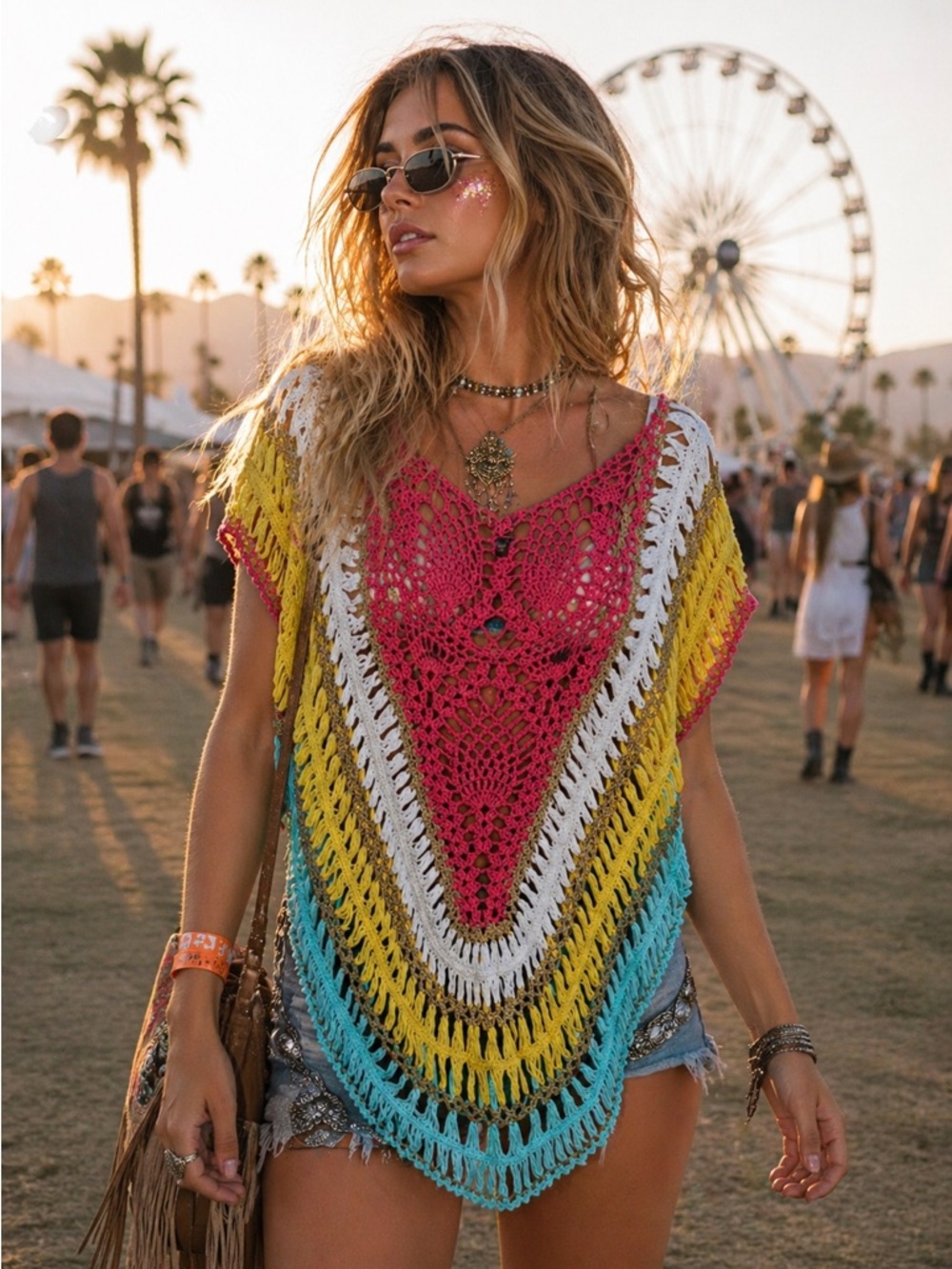 Y2K Boho Open Weave Crochet Poncho Rainbow Western Festival Twee Cover Up Shawl